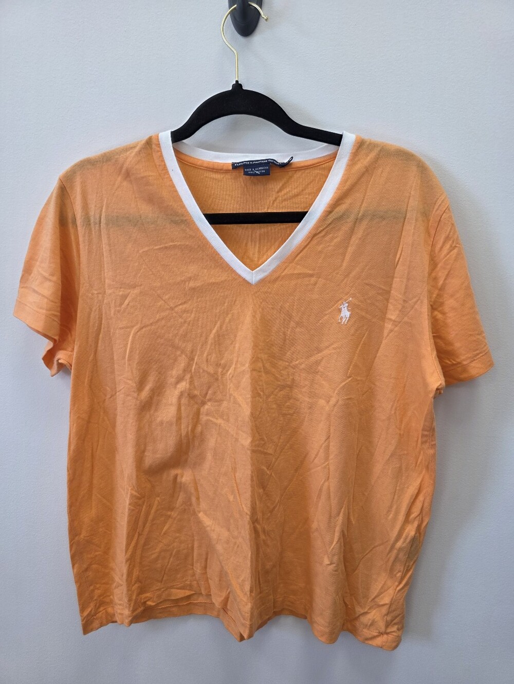 Ralph Lauren Sport Women's XL Orange V-Neck Cotton T-Shirt White Pony Logo
